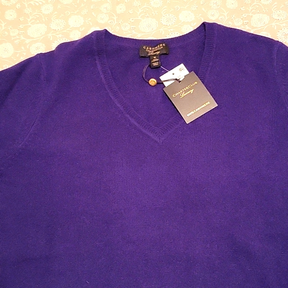 NEW! Luxury 100% Cashmere Deep Eggplant Purple V-Neck Sweater, M
